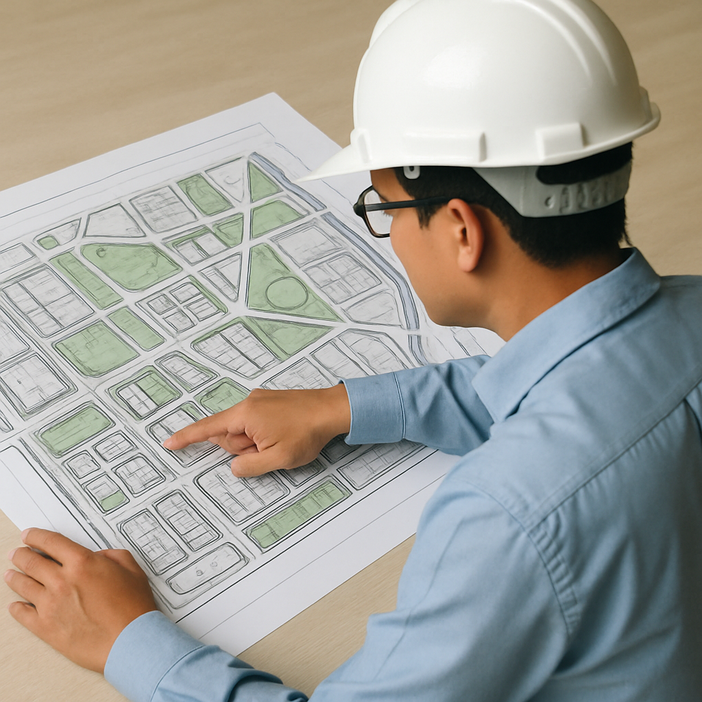 Kỹ sư đang xem bản vẽ quy hoạch