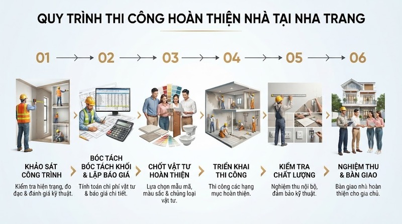 Quy trình thi công hoàn thiện nhà tại Nha Trang được tổ chức theo trình tự
