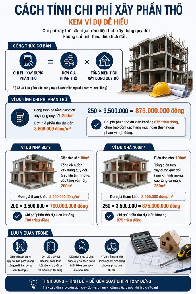 Cách tính chi phí xây phần thô kèm ví dụ dễ hiểu