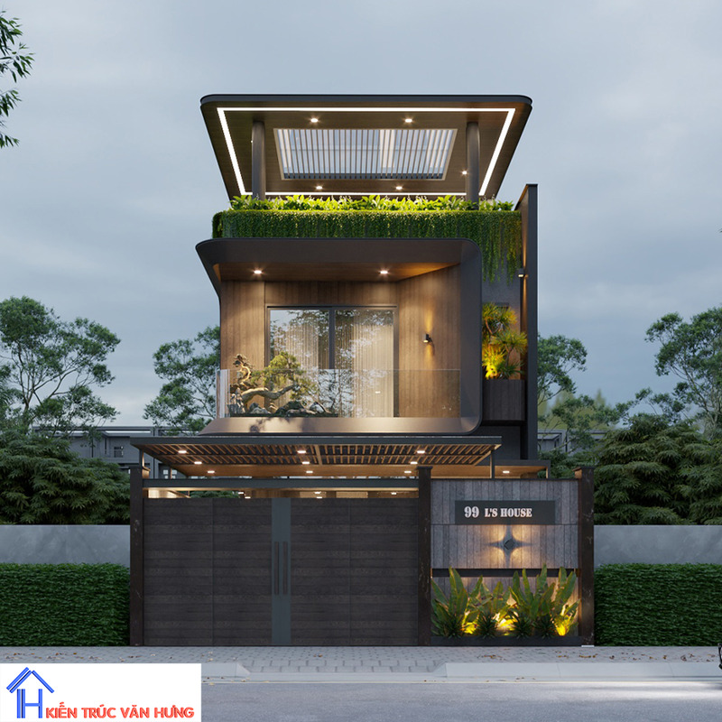 Mẫu nhà 2 tầng mang phong cách hiện đại, sử dụng vật liệu gỗ và kính chủ đạo