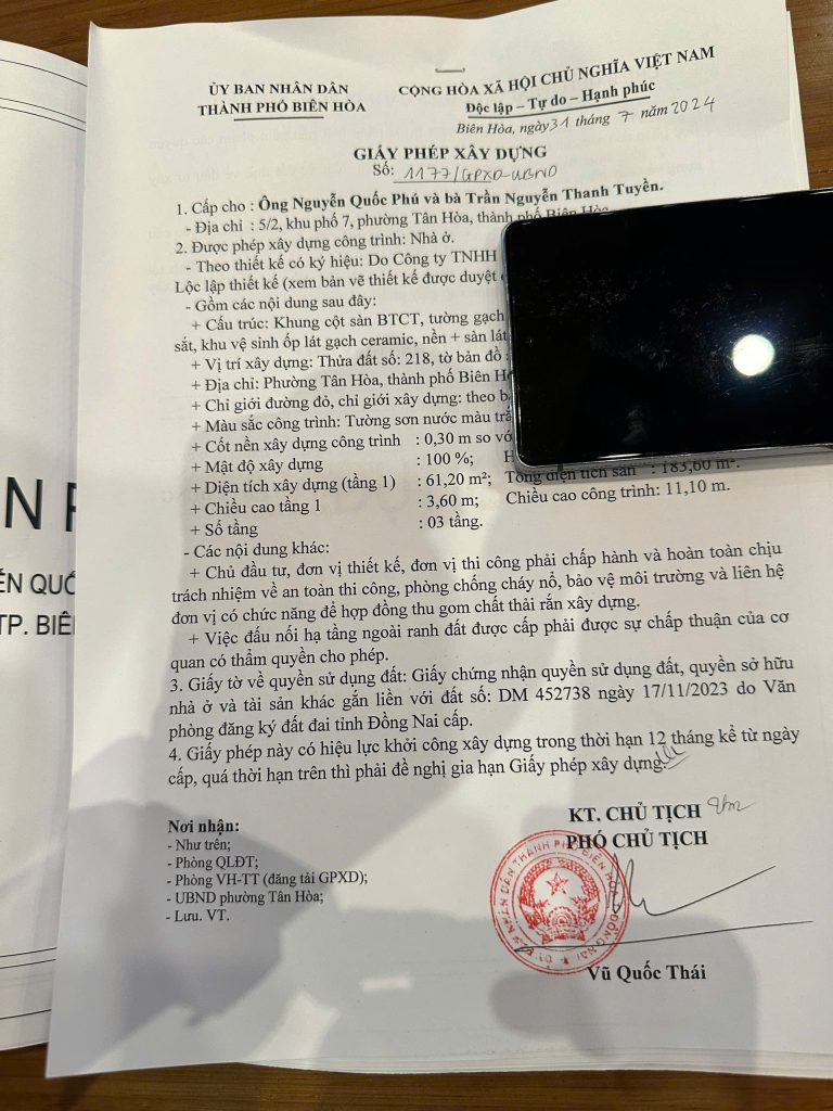 Xin phép xây dựng phường Trấn Biên, phường Long Bình, phường Long Hưng, phường Phước Tân, phường Tam Phước