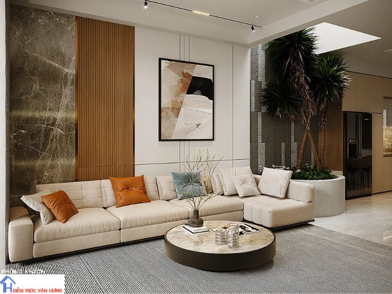 Nội thất tông màu dịu nhẹ, kết hợp tường đá thêm phần sang trọng