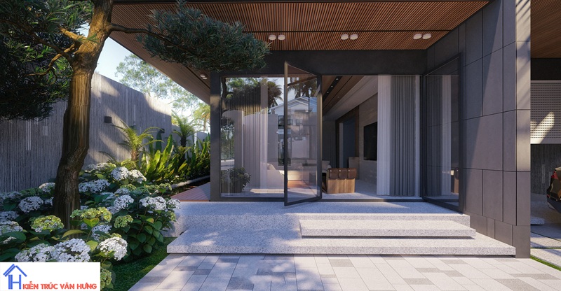 Khu vực hiên nhà kết nối trực tiếp với sân vườn xanh mát
