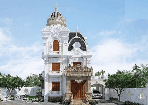 Mẫu 1: Nhà 3 tầng mái chóp phong cách Pháp sang trọng, nhấn mạnh kiến trúc