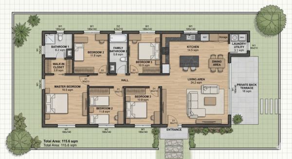 Mẫu mặt bằng biệt thự 1 tầng 100-120m²