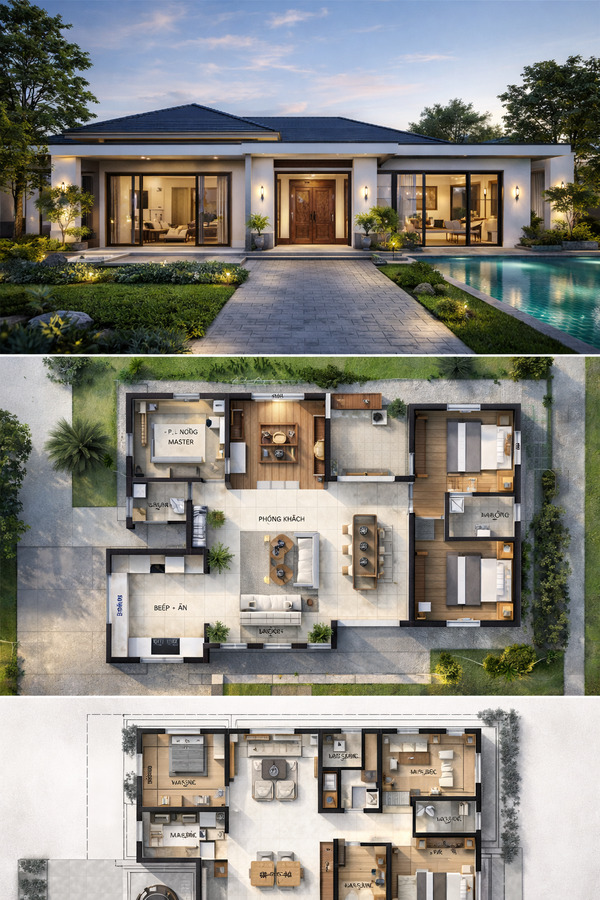 Mẫu mặt bằng biệt thự 1 tầng 150-180m²