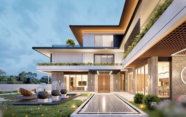 Mẫu 4: Điểm nhấn cảnh quan với tiểu cảnh thác nước và mảng xanh thư giãn