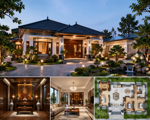 Mẫu biệt thự vườn 1 tầng có phòng thờ riêng