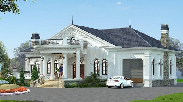 Mẫu 2: Biệt thự 1 tầng kiểu Pháp hệ mái Mansard tạo nên sự lãng mạn và sang trọng