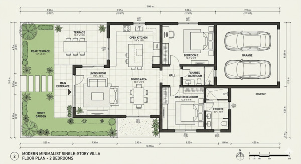 Mặt bằng biệt thự 1 tầng 2 phòng ngủ