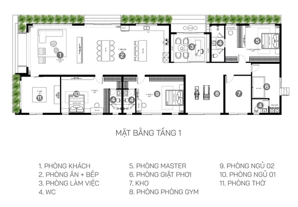 Mặt bằng biệt thự 1 tầng 3 phòng ngủ hiện đại