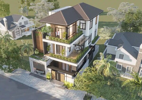 Mẫu 2: Khối kiến trúc sử dụng vật liệu hiện đại kết hợp màu sắc trung tính