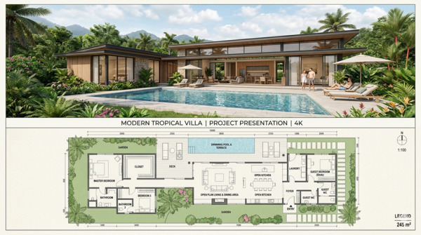 Mặt bằng biệt thự 1 tầng không gian mở, độc đáo