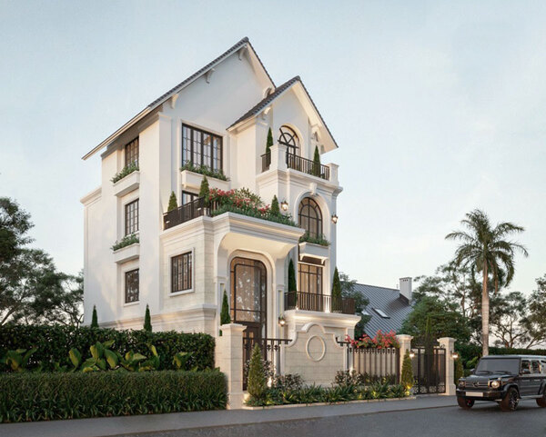 Mẫu 1: Biệt thự mái Thái 3 tầng với hình khối rõ ràng và màu sắc trang nhã