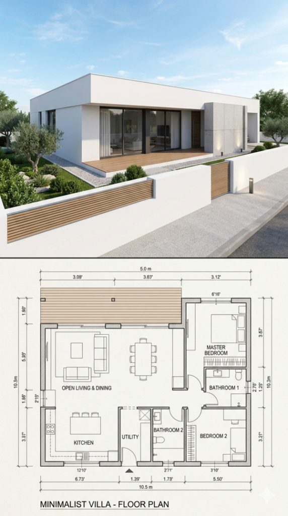 Mặt bằng biệt thự 1 tầng hiện đại, tối giản