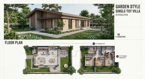 Mặt bằng biệt thự 1 tầng kiểu sân vườn