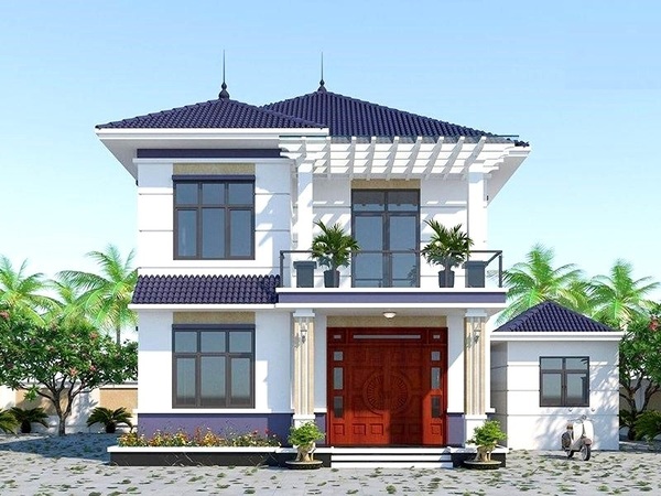 Mẫu 1: Mẫu biệt thự 2 tầng chữ L tối ưu diện tích kết hợp tiểu cảnh