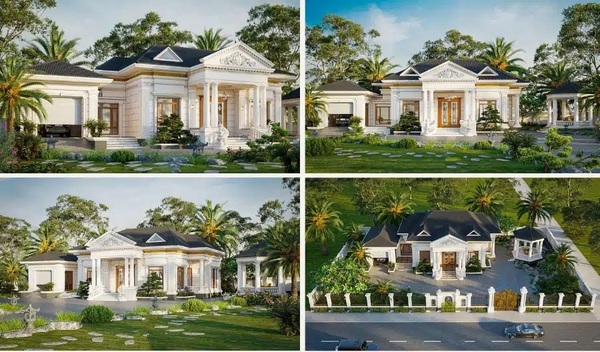 Mẫu 1: Biệt thự 1 tầng tân cổ điển sang trọng, mặt tiền đối xứng, phào chỉ tinh tế