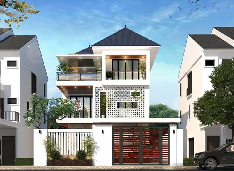 Mẫu nhà kết hợp độc đáo giữa mái thái truyền thống và mặt tiền họa tiết gạch bông