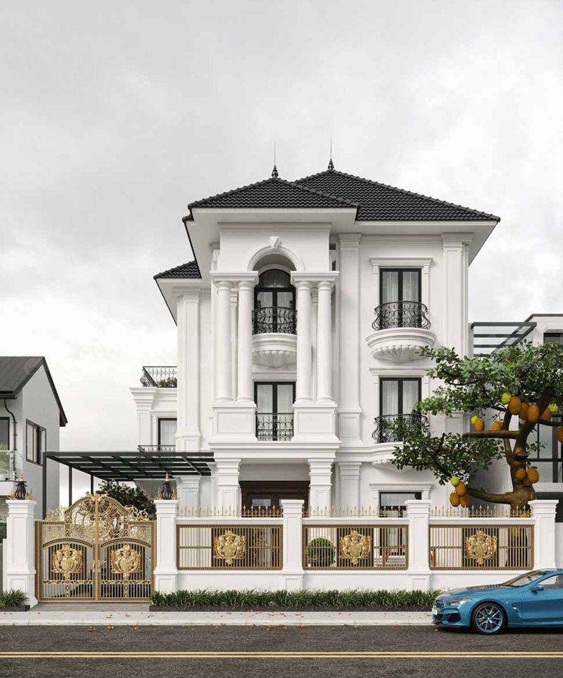 Phong cách tân cổ điển với mái mái thái và các chi tiết phào chỉ cầu kỳ