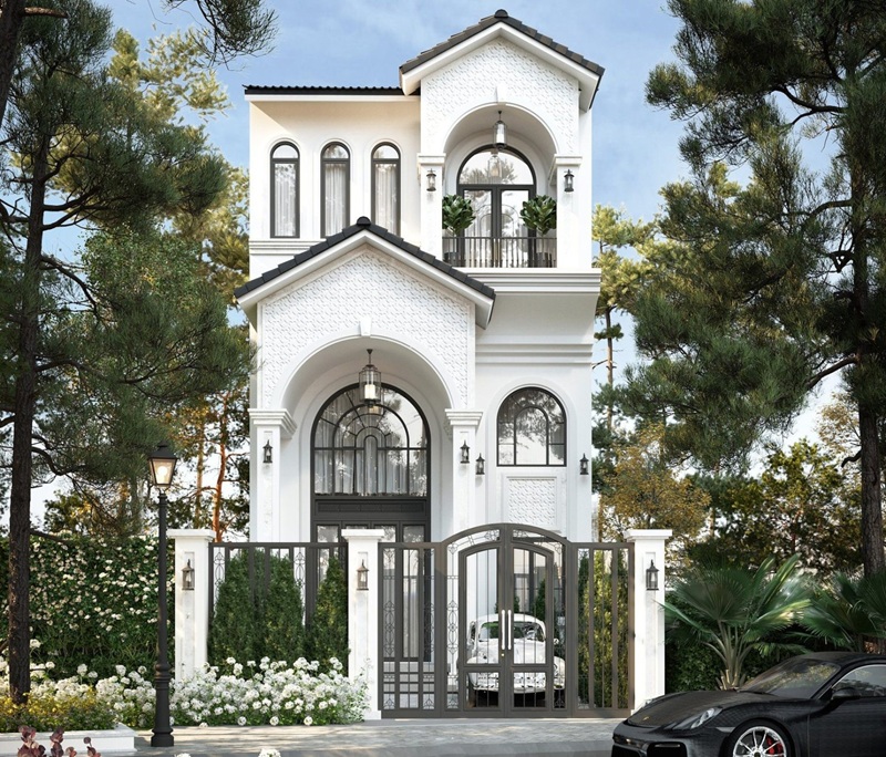 Thiết kế nhà ống 3 tầng mái thái thanh lịch nổi bật với những ô cửa vòm mềm mại