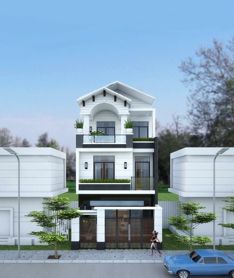 Mẫu nhà phố 3 tầng mái thái hiện đại với sự phối hợp màu sắc trắng - đen