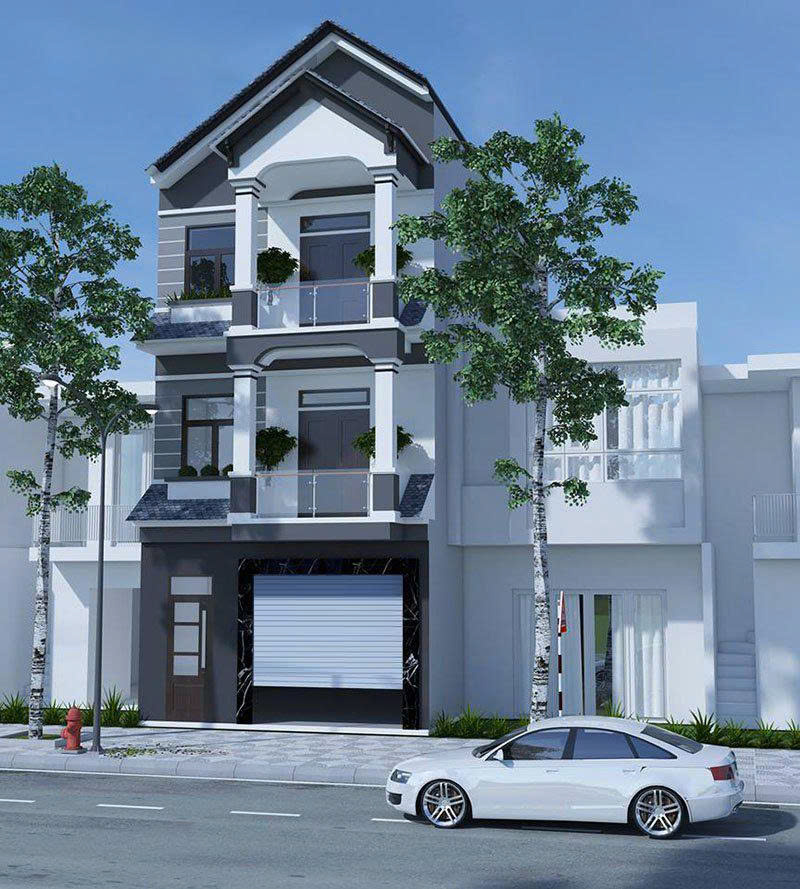 Thiết kế nhà 3 tầng mái thái khỏe khoắn với tầng trệt được ốp đá đen sang trọng