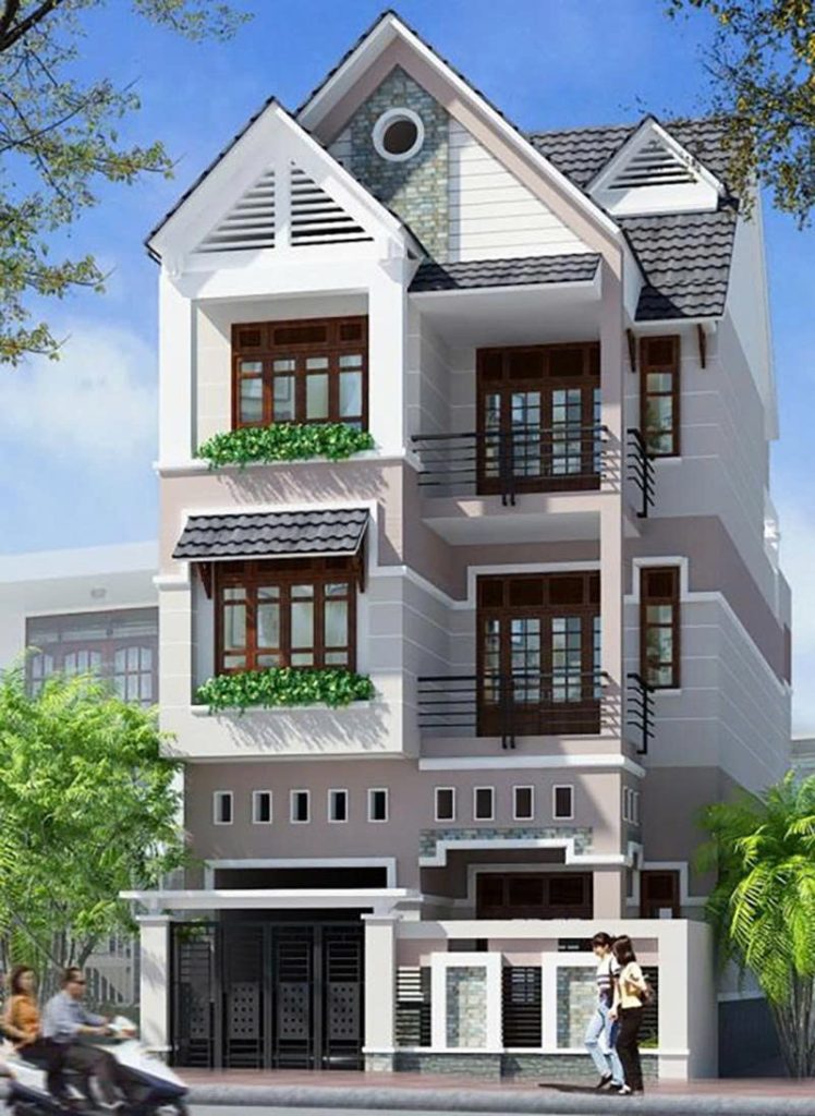 Kiến trúc nhà phố 3 tầng mái thái với ban công sắt và cách phối màu trung tính