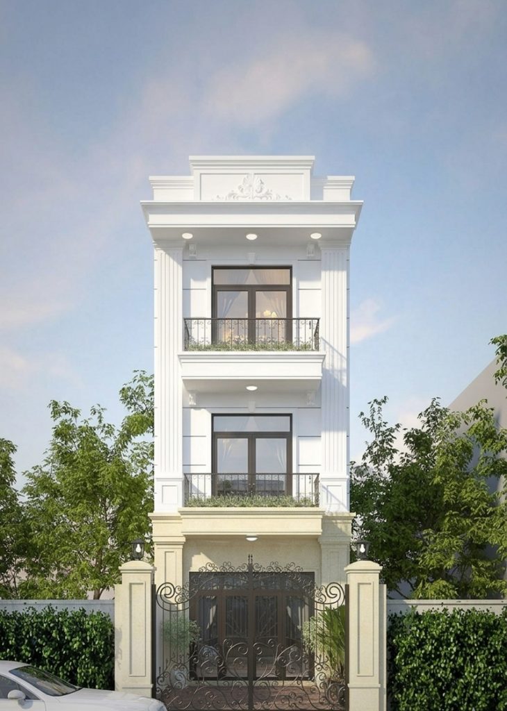 Nhà phố 3 tầng tân cổ điển với mặt tiền màu trắng chủ đạo và hệ thống phào chỉ