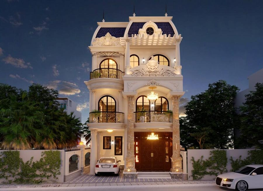 Thiết kế với phù điêu đắp nổi tinh xảo trên đỉnh mái và sảnh chính ốp đá vàng