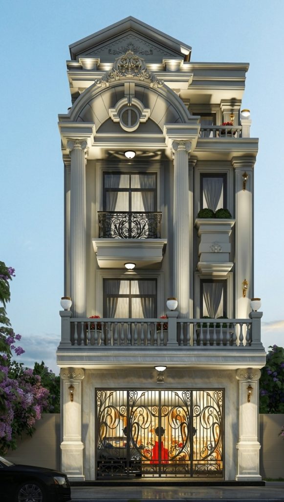 Sự phối hợp giữa cột trắng và tầng một được ốp đá marble xám hiện đại