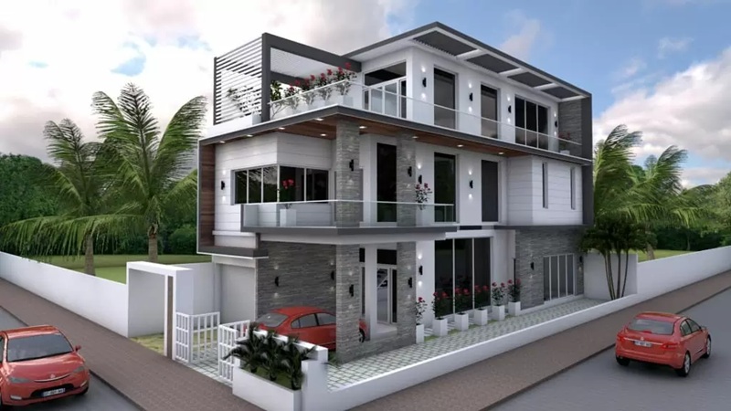 Thiết kế 3 tầng hiện đại, sang trọng với kiến trúc khối hộp, vách kính rộng