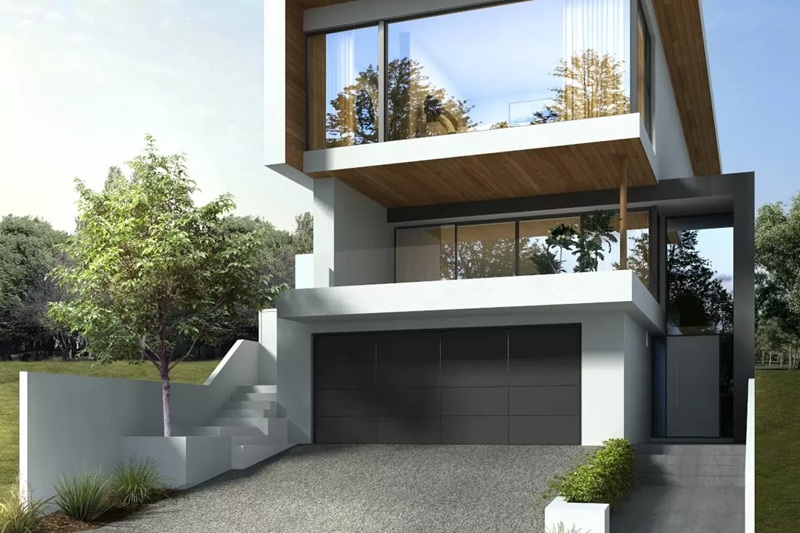 Nhà phố 3 tầng có tầng hầm gara rộng rãi, nổi bật với mảng tường ốp gỗ tự nhiên