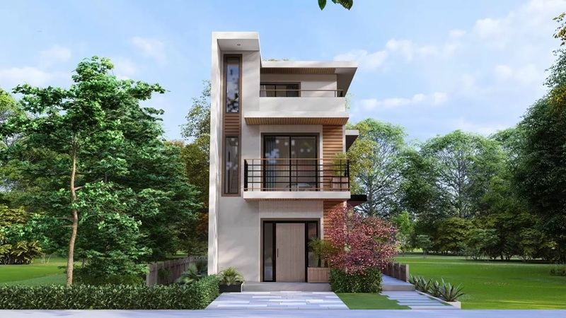 Kiến trúc nhà ống 3 tầng thanh lịch, sử dụng cửa kính khung gỗ
