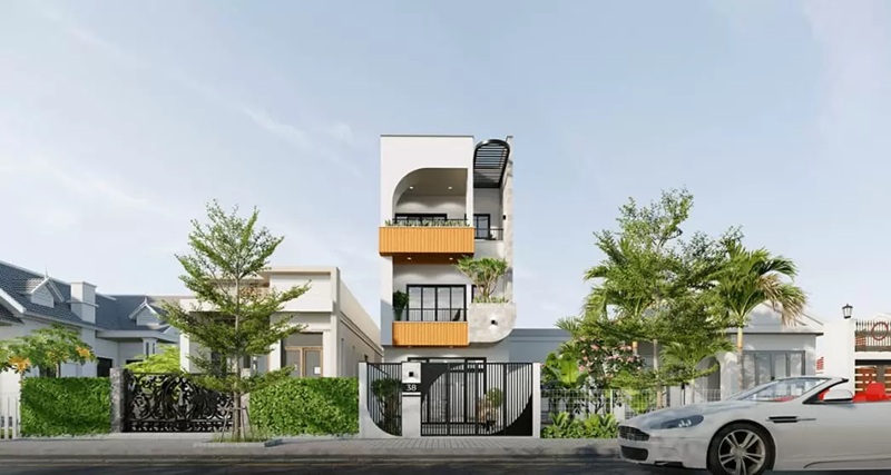 Mẫu nhà ống 3 tầng độc đáo với ban công ốp gỗ nổi bật và kiến trúc cổng sắt