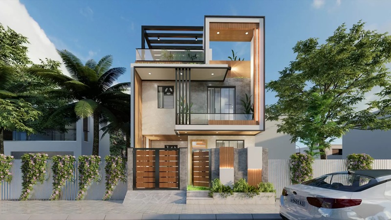 Biệt thự phố 3 tầng hiện đại với kiến trúc khối hộp lồng ghép, lam chắn nắng đen
