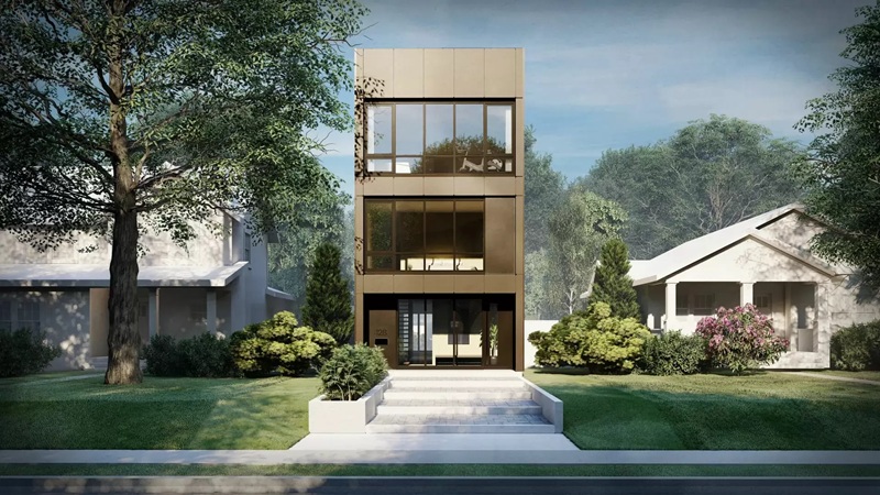 Phong cách hiện đại với mặt tiền ốp vật liệu màu và vách kính thông tầng rộng
