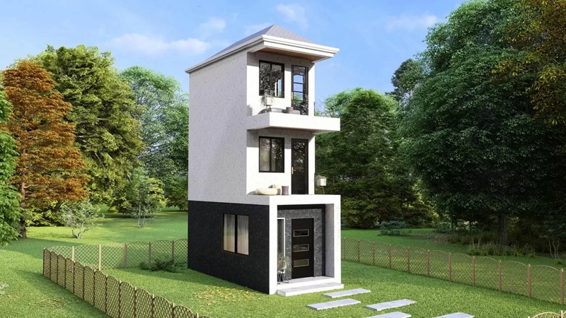Nhà ống 3 tầng đơn giản, tối ưu chi phí với mái tôn dốc