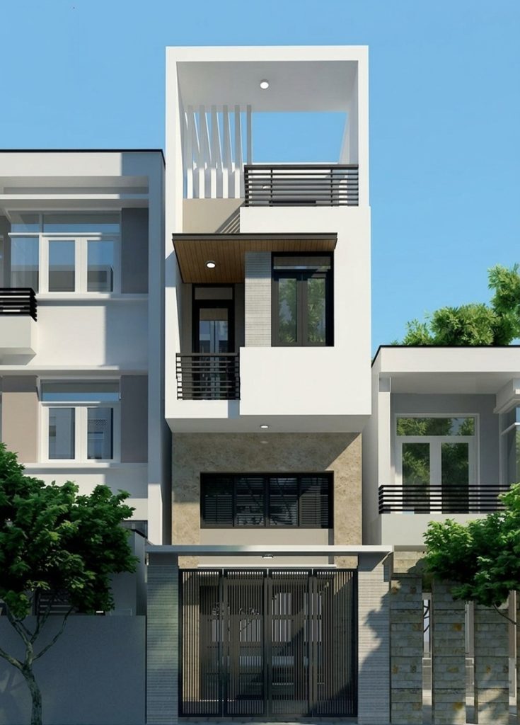 Kiến trúc tối giản với hệ lam chắn nắng và khoảng hở thông tầng thoáng đãng