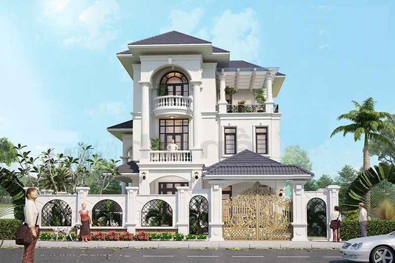 Nhà phố 3 tầng mang nét tân cổ điển nhẹ nhàng, kết hợp mái thái xanh đen