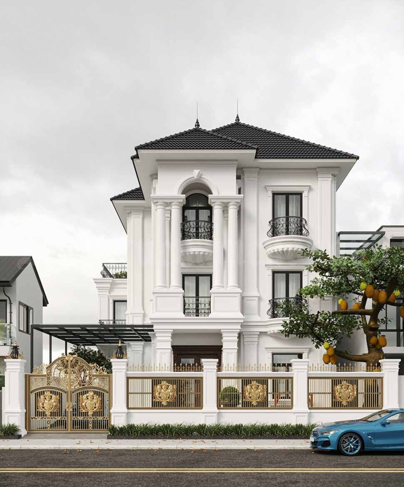 Nhà phố tân cổ điển kết hợp tiện nghi hiện đại, mặt tiền trắng