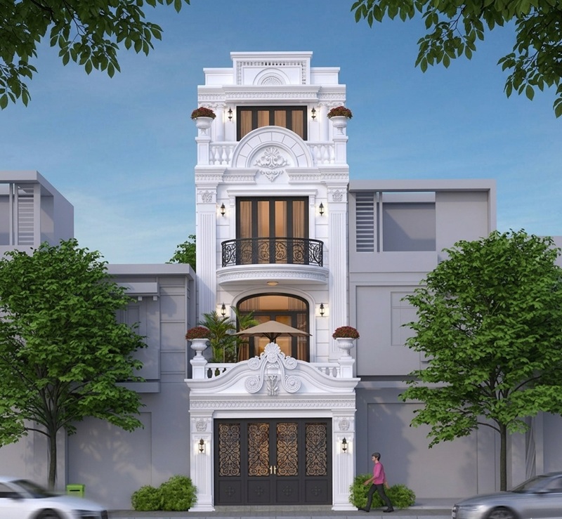 Nhà phố tân cổ điển mặt tiền 5m, tone trắng, ban công sắt