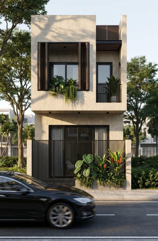 Mẫu nhà phố 2 tầng với ban công xanh có cây rủ bóng tạo không gian thư giãn