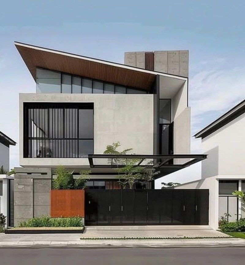 Kiến trúc lệch tầng với mái lệch độc đáo, kết hợp màu sắc trung tính