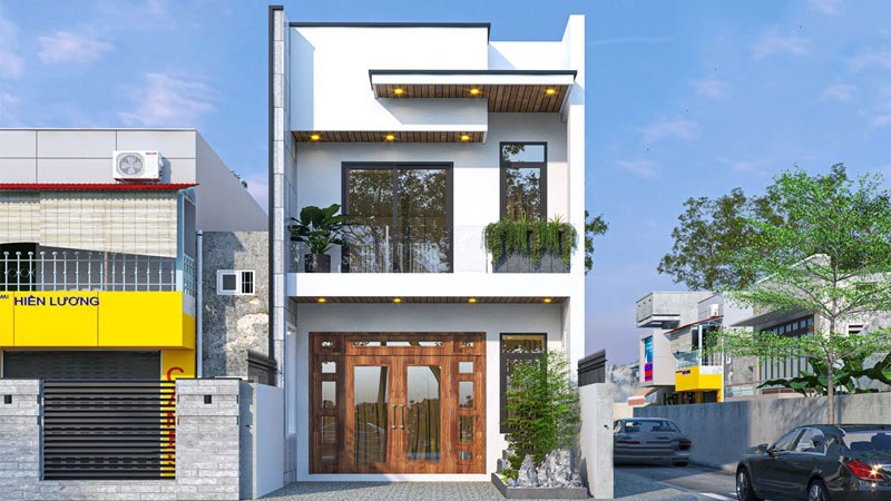Mẫu nhà phố 2 tầng mái bằng kết hợp ban công kính sang trọng nhẹ nhàng
