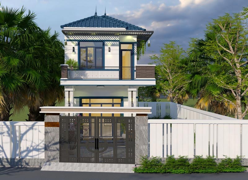 Nhà phố mái Thái tập trung vào công năng với khu vực cổng chính có gara đỗ xe