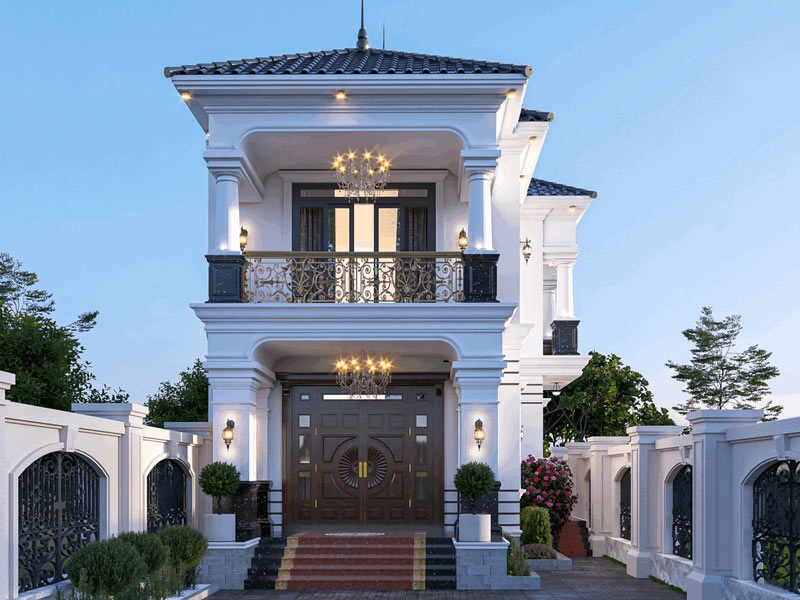 Thiết kế với đèn chùm sang trọng kết hợp ban công sắt sơn tĩnh điện tối màu