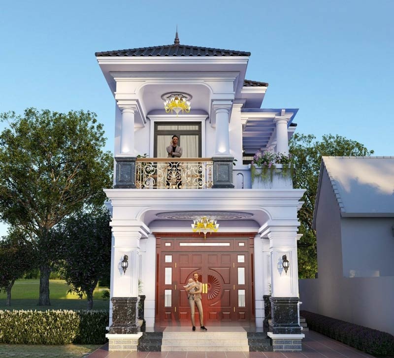 Nhà phố tân cổ điển với lan can uốn lượn và các đường phào chỉ tinh xảo dọc tường