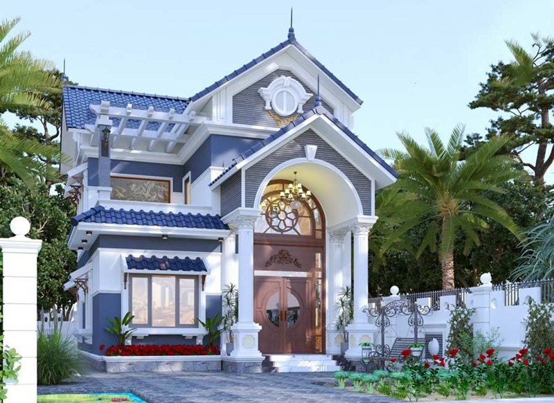Mẫu nhà phố mái Thái ấn tượng với kiến trúc giật cấp, sử dụng cửa gỗ chính lớn