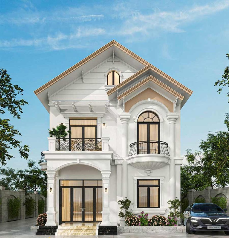 Mẫu nhà với các cột trụ lớn và với hệ cửa vòm, ban công sắt nghệ thuật